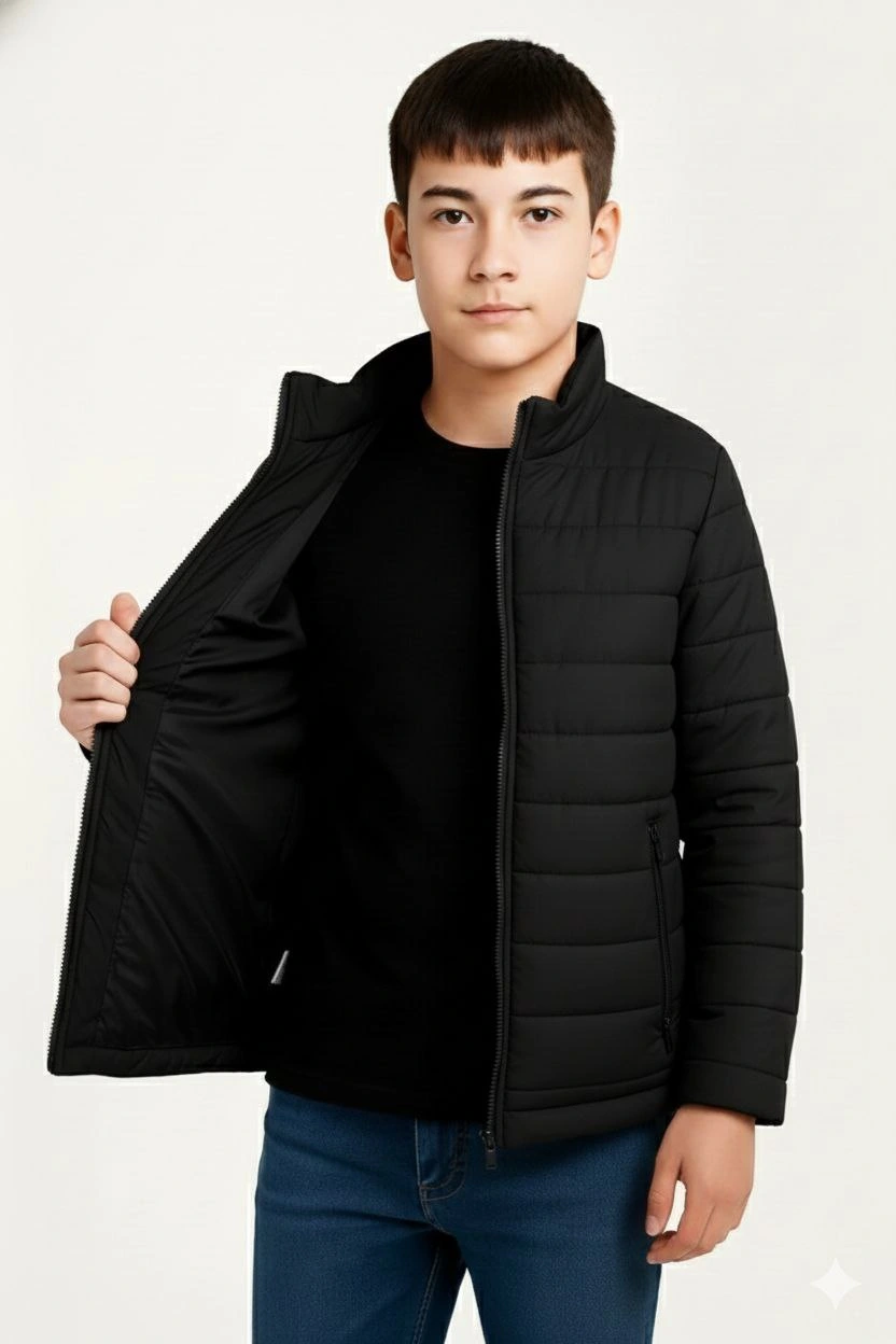 Erkek Çocuk Şişme Mont Hafif ve Sıcak Tutucu Fermuarlı Su İtici Mont Kapüşonuz - Siyah